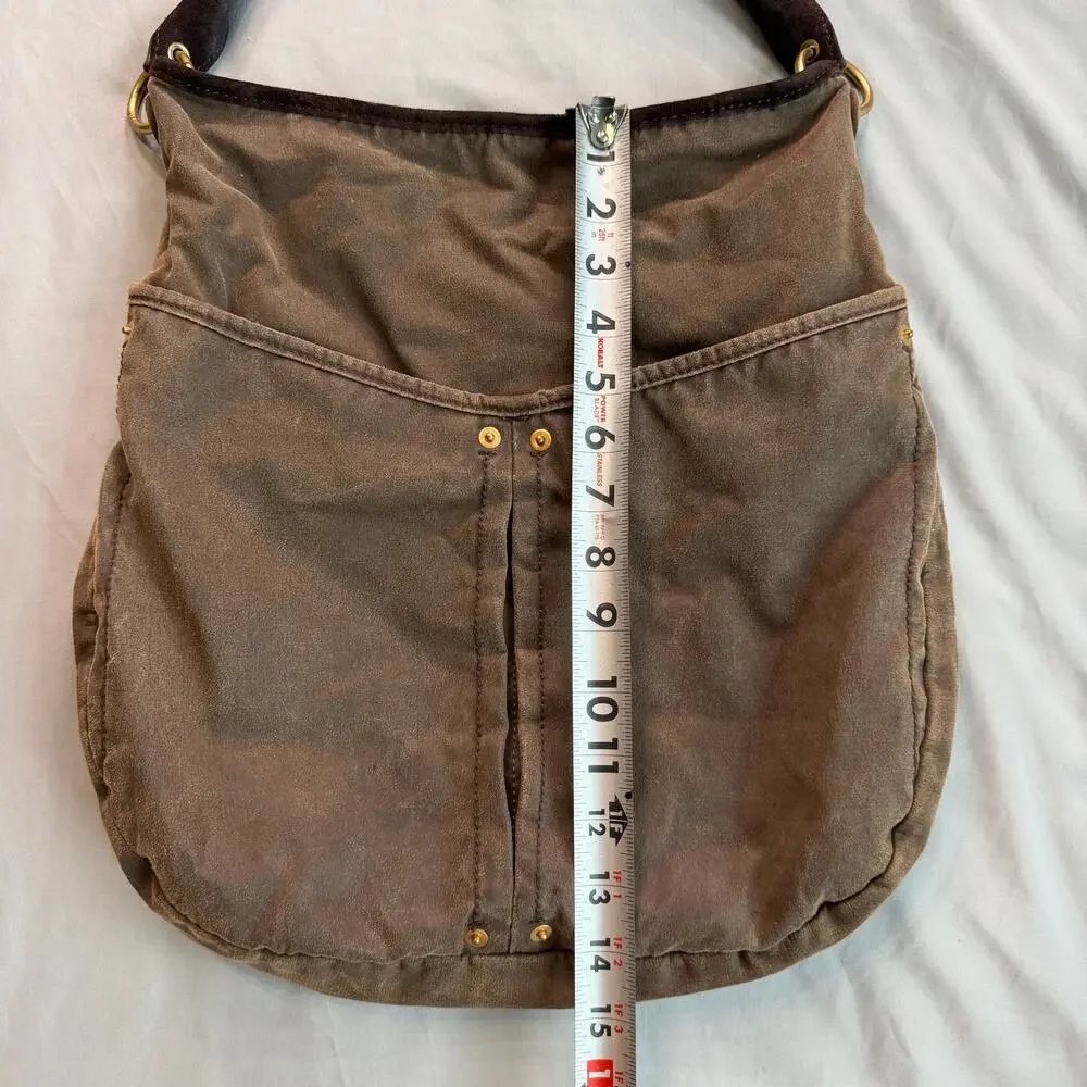 Zara Brown Canvas Leather Trim Hobo Shoulder Bag Women's Large